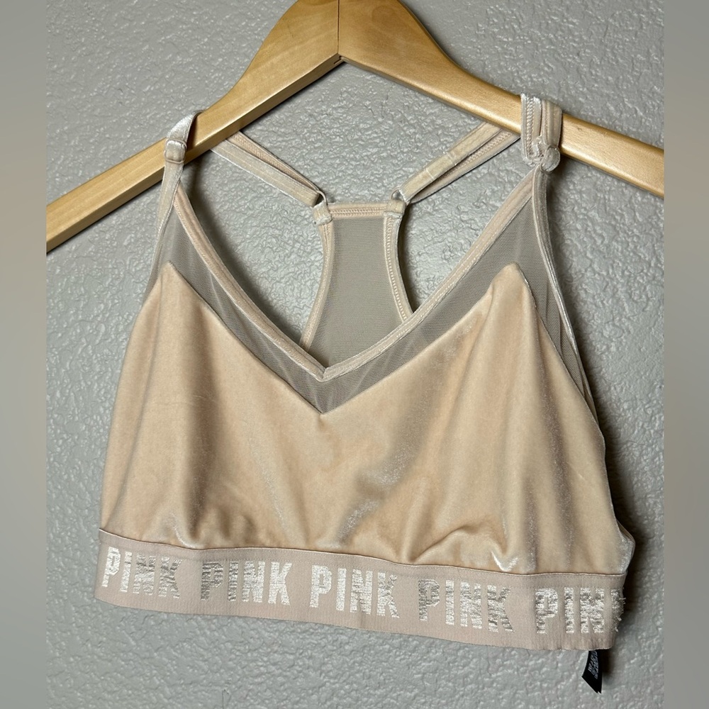 Victoria Secret Pink Sports Bra Cream-Colored Velvet and Mesh in Size Large